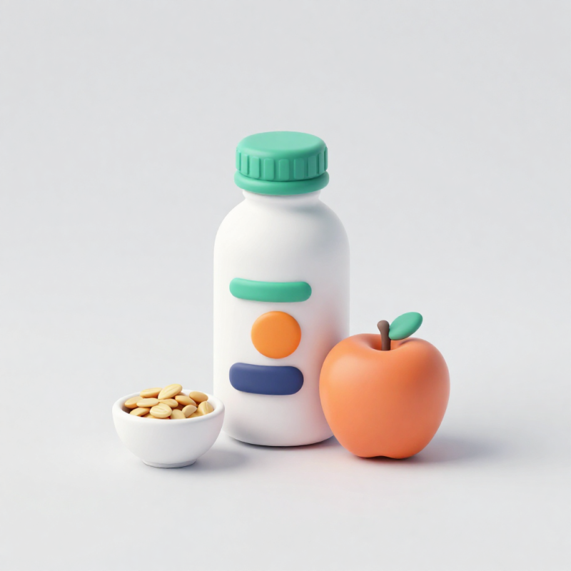 Icona Alimenti e bevande funzionali Icona 3D di alimenti e bevande funzionali con bottiglia, mela e semi