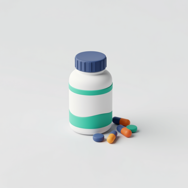 Flacone bianco di integratori alimentari con capsule vitaminiche colorate
